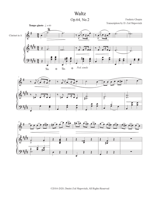 Chopin - Waltz op.64 No.2 for Clarinet in A and Piano (Arr. D. Zisl Slepovitch) (Clarinet and Piano)