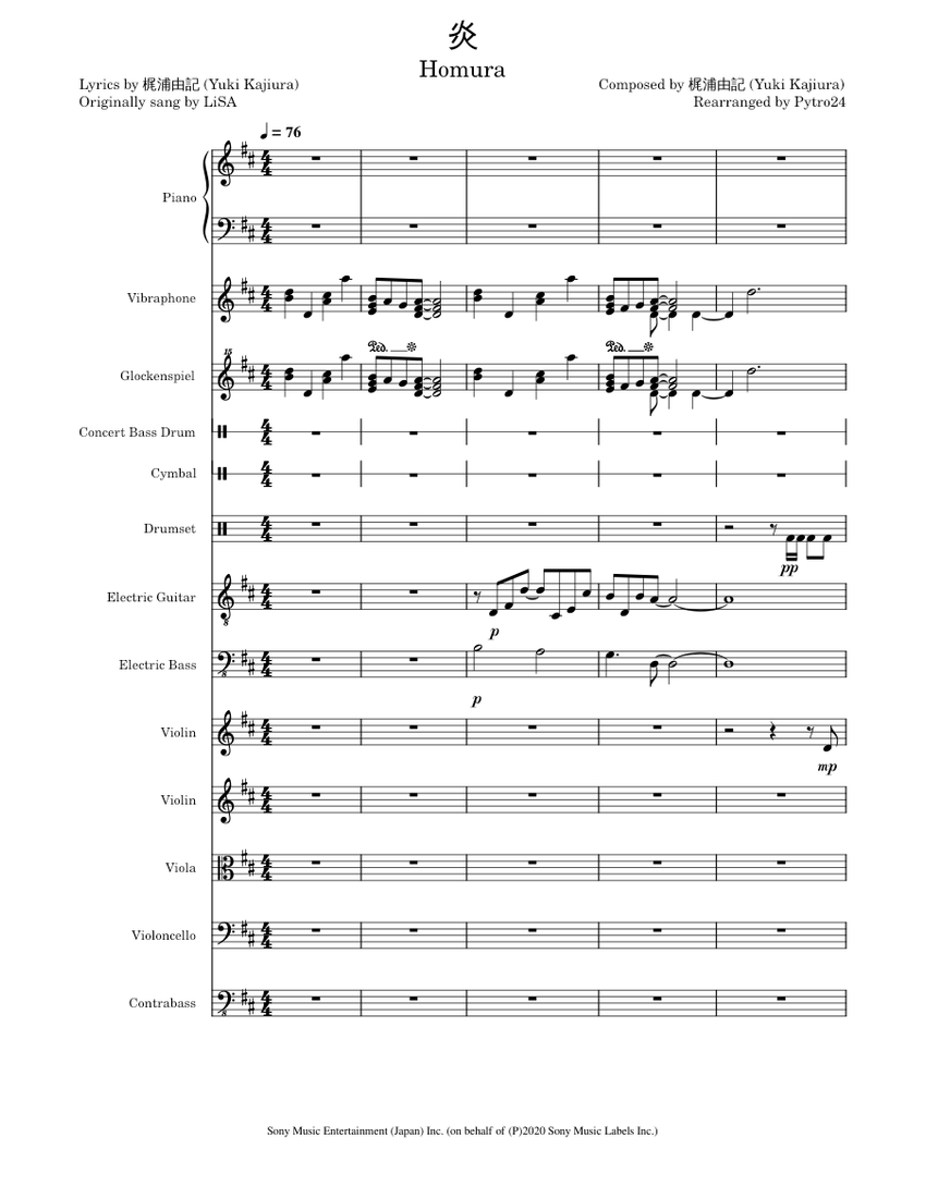 炎 (Homura) - LiSA Sheet Music for Piano, Contrabass