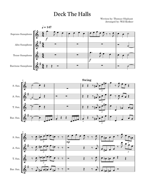 Deck the Halls – Thomas Oliphant Deck The Halls for Saxophone Quartet