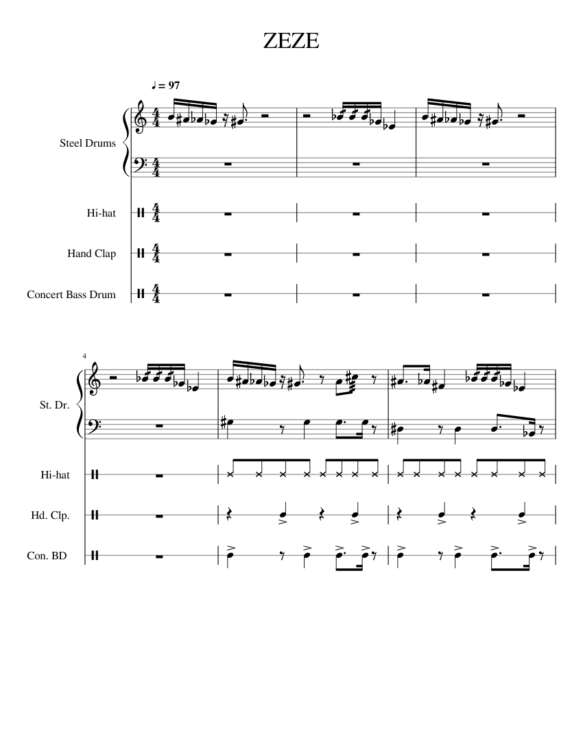 ZEZE Sheet music for Bass drum Hand clap Steel drums Hi hat Mixed Quartet Musescore