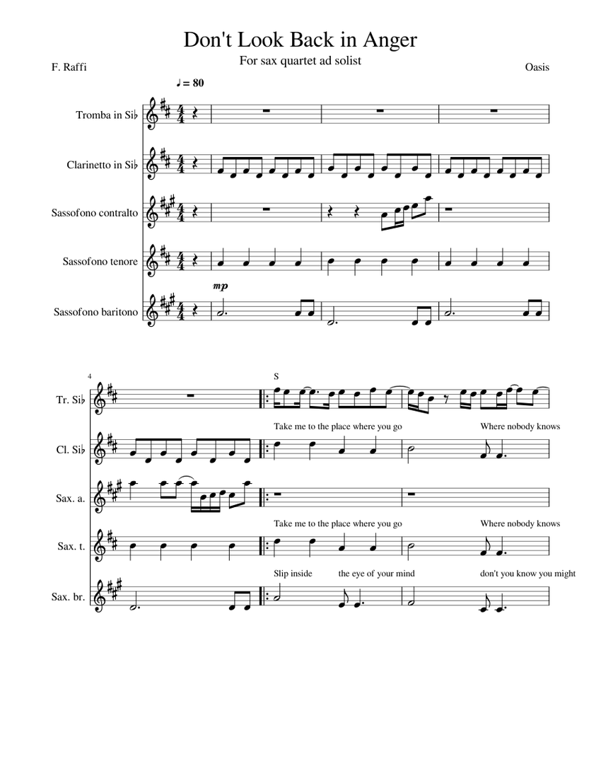 Don't Look Back In Anger – Oasis (sax quartet) Sheet Music