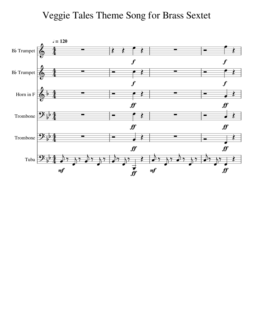 Veggie Tales Theme Song for Brass Sextet Sheet music for Trombone, Tuba ...