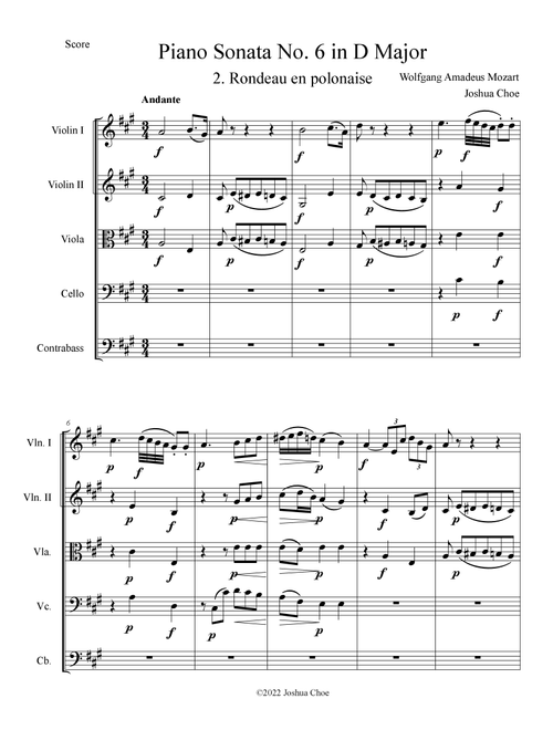 Piano Sonata No. 6 in D Major, Movement 2 (Arr. Joshua Choe) - Wolfgang Amadeus Mozart (Orchestra)