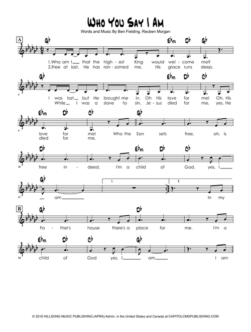 Who You Say I Am (Arr. Brian Kim) - Ben Fielding, Reuben Morgan (Lead Sheet - Fake Book)
