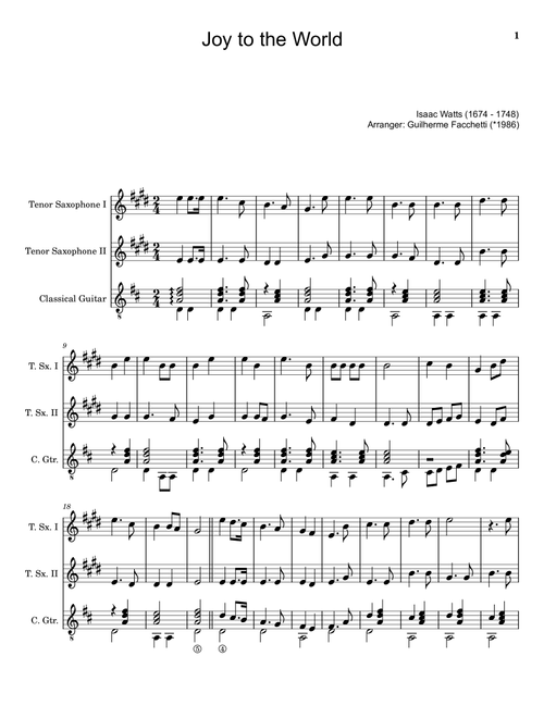 Joy to the World - T. Sax. Duet and Guitar. With Parts. (Arr. Guilherme Facchetti) - Isaac Watts (Small Ensemble)