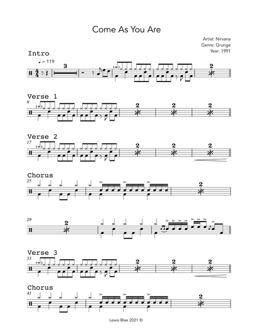 Come As You Are (Arr. Lewis Blee) - Nirvana (Drums)