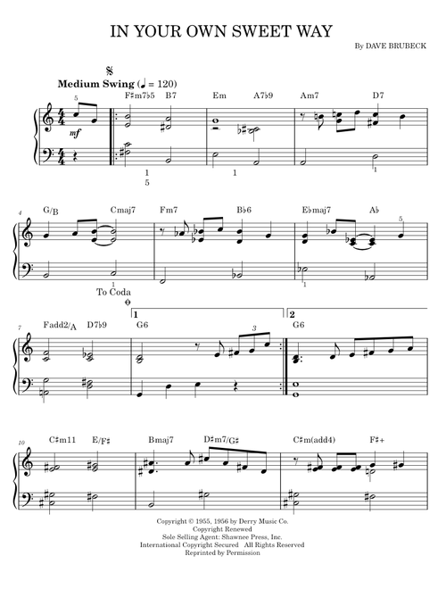 In Your Own Sweet Way - Dave Brubeck, Leigh Harline (Easy Piano)