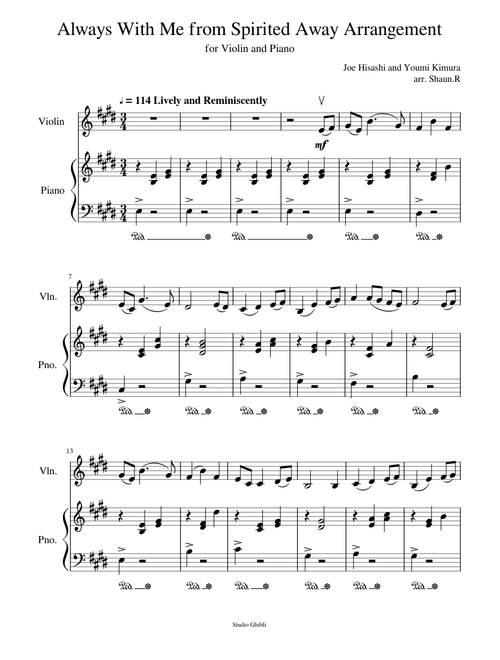 Always With Me ARRANGEMENT from Spirited Away for Violin and Piano