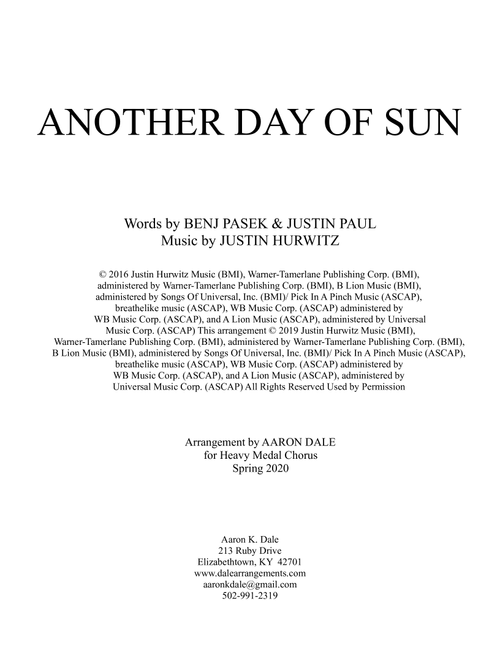 Another Day Of Sun (Arr. Aaron Dale) - Justin Hurwitz, Benj Pasek, Justin Paul (Choral, SATB)