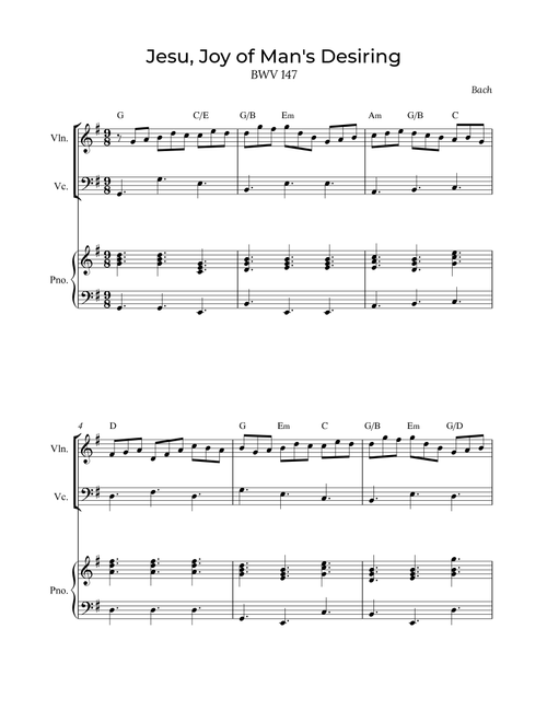 Jesu, Joy of Man's Desiring - Violin and Cello with piano and chords (Arr. Alex Nunes Rodrigues) - Bach (Instrumental Duet and Piano)