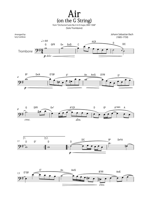 "Air - on the G string" (Bach) - Beautiful EASY version for SOLO TROMBONE (with chord symbols). (Arr. Iury Cardoso) - Johann Sebastian Bach (Trombone Solo)