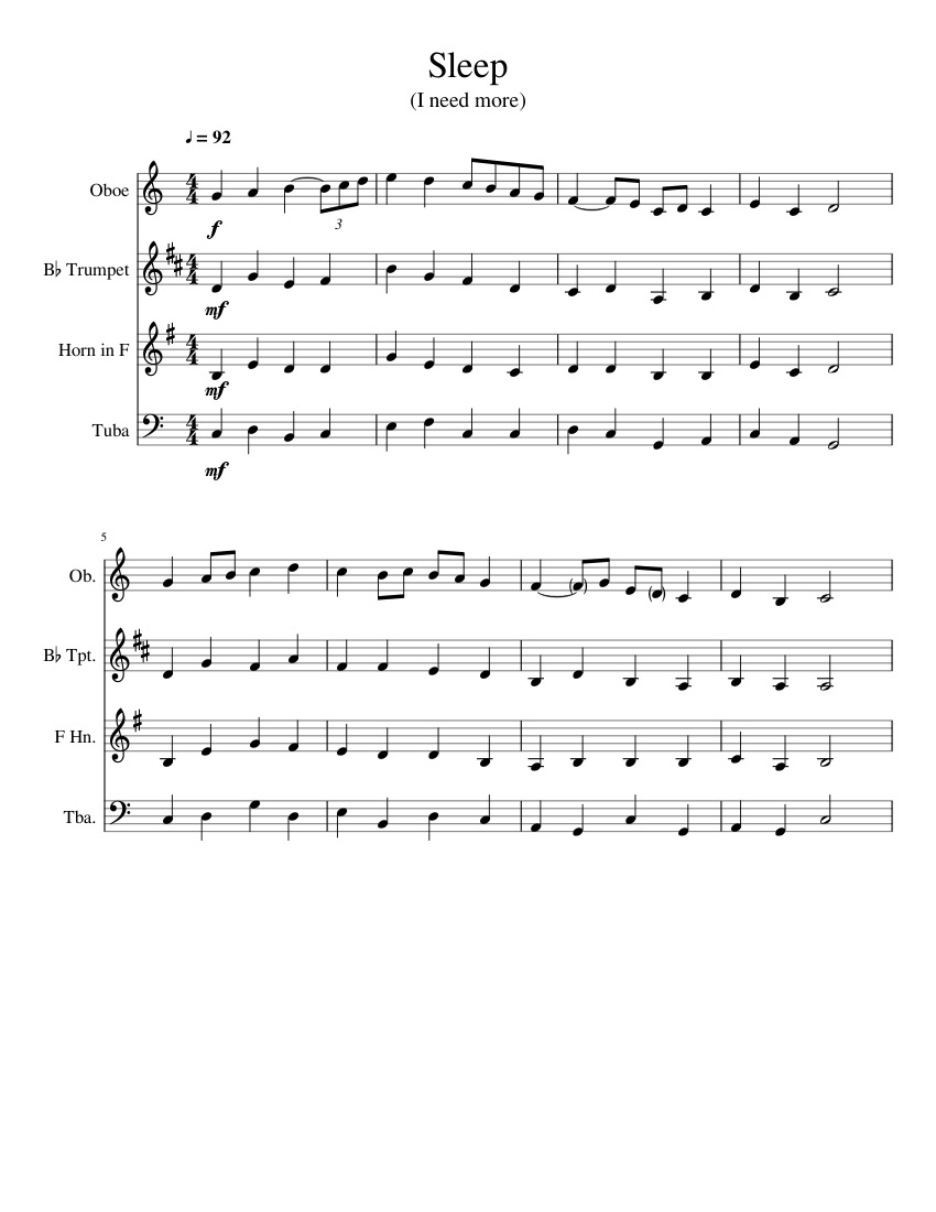 Sleep Sheet music for Tuba, Oboe, Trumpet in bflat, French horn (Mixed