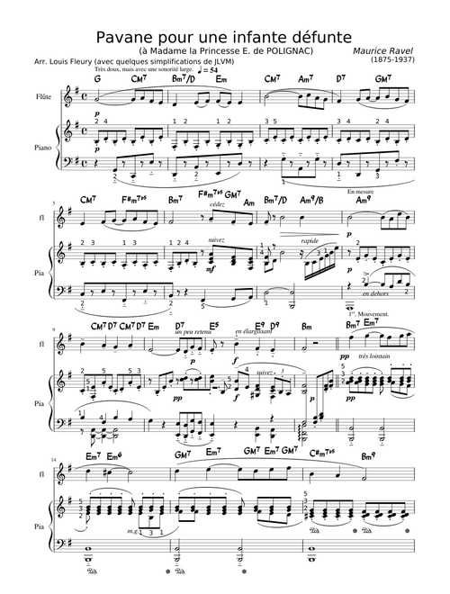 Ravel Pavane pour une infante défunte arrangt pour flûte et piano avec doigtés et accords chiffrés