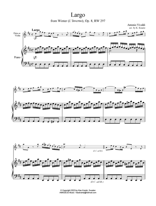Largo from Winter (L'Inverno) for easy flute/violin and piano (cello part ad lib) (Arr. K. Krantz) - A. Vivaldi (Flute and Piano)