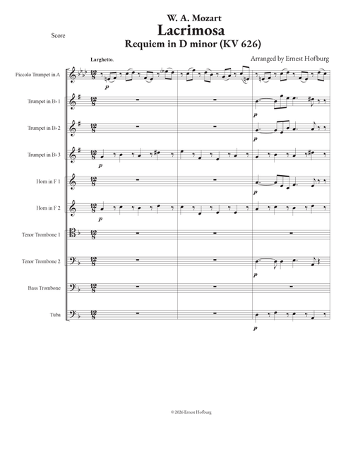 Lacrimosa from Mozart' s Requiem for Brass Ensemble (Arr. Ernest Hofburg) - WA Mozart (Brass Ensemble)