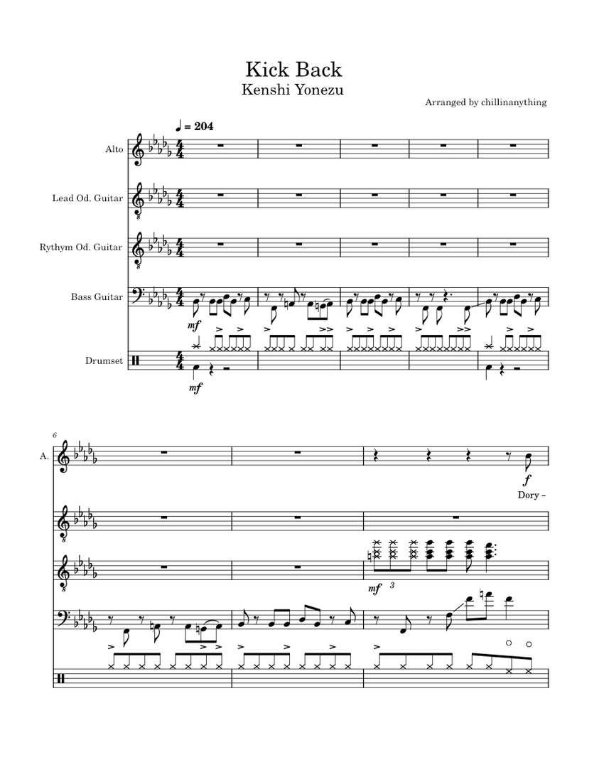 KICK BACK Kenshi Yonezu (米津 玄師) Sheet music for Alto, Guitar, Bass