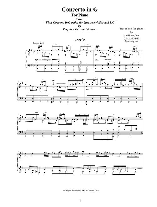 Pergolesi GB - Flute concerto in G - Piano version - 2 Largo (Arr. Santino Cara) - Pergolesi Giovanni Battista (Piano Solo)