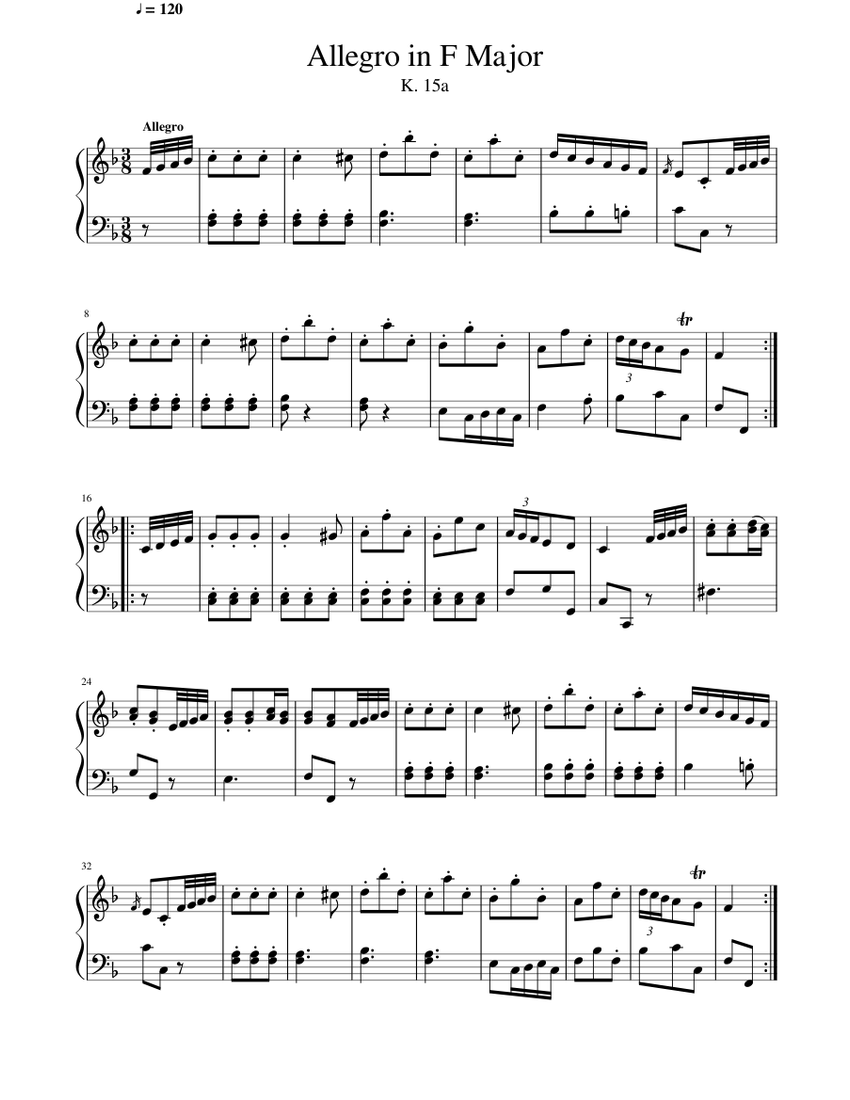 Mozart | Allegro in F Major | K. 15a Sheet Music for Piano (Solo) easy ...