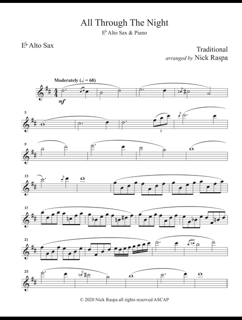 All Through The Night (Alto Sax & Piano) intermediate jazz - Alto Sax part (Arr. Nick Raspa) - Traditional (Alto Sax and Piano)