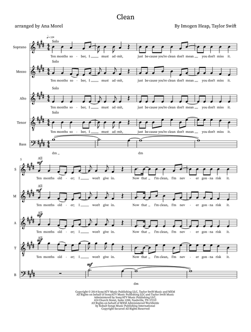 Clean (Arr. Ana Morel) - Taylor Swift (Choral, Mixed Choir)