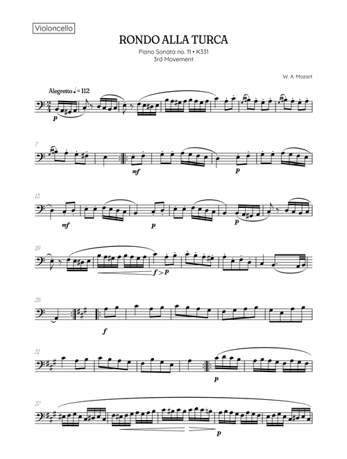 Rondo Alla Turca (Turkish March) • cello sheet music (Arr. Benzaiten Editions) - Wolfgang Amadeus Mozart (Cello Solo)