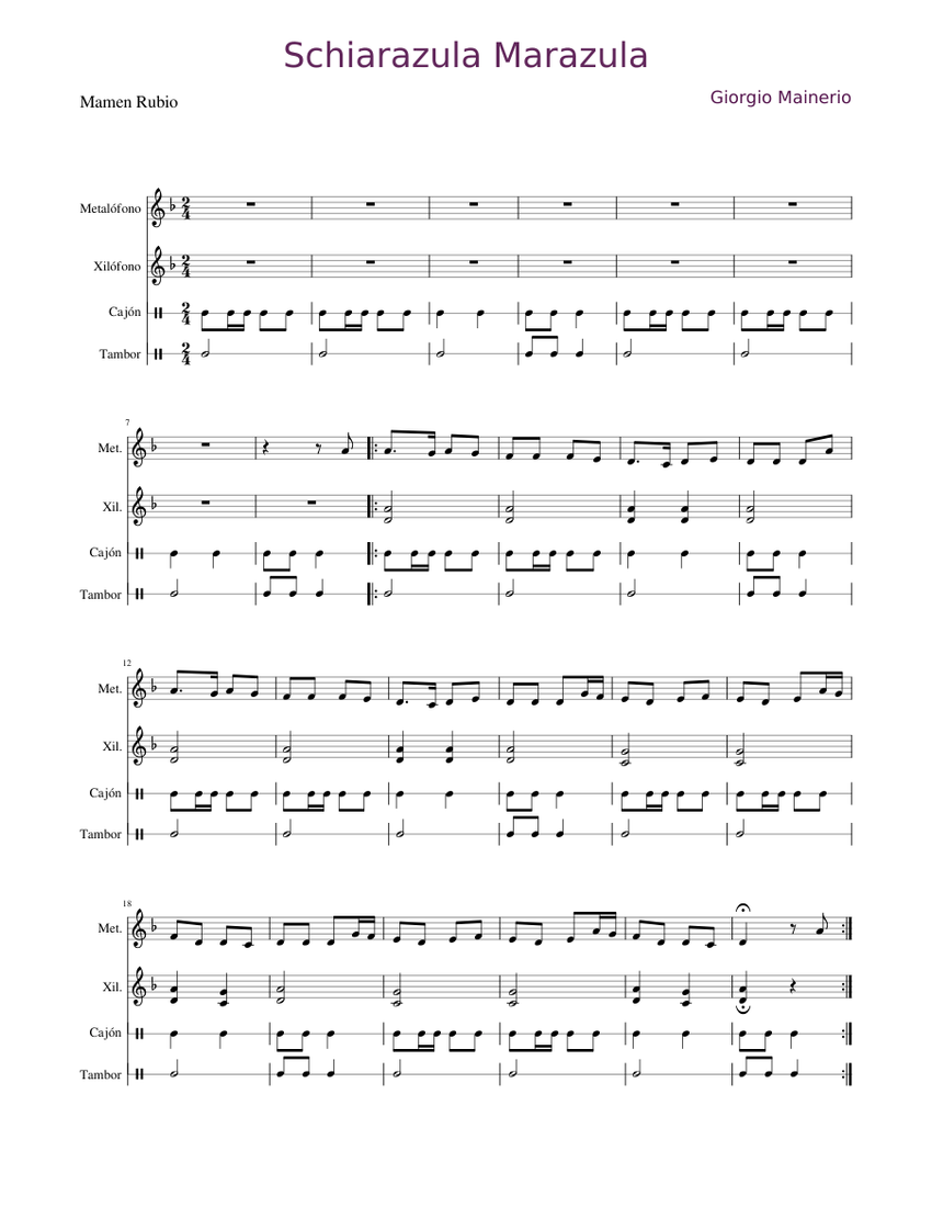 Partitura para percusión de Schiarazula Marazula, con partituras para bombo, xilófono y metalófono en disposición vertical