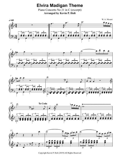Elvira Madigan Theme - Piano Concerto No. 21 in C by Mozart (Arr. Kevin P. Holt) (Piano Solo)