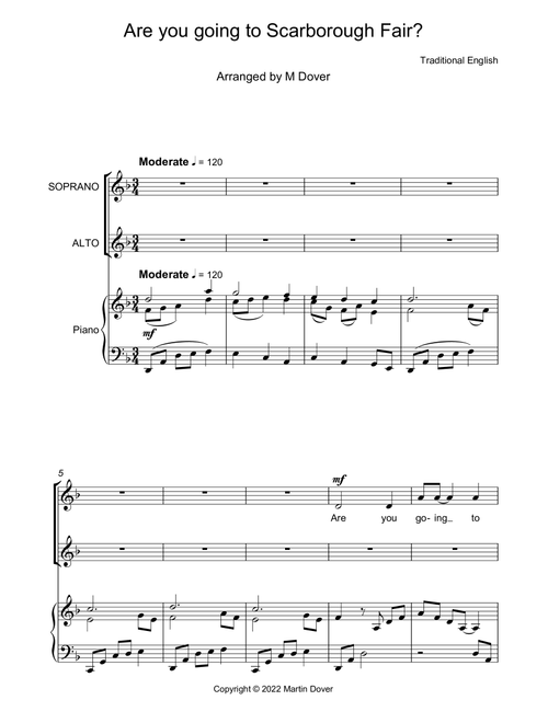 Scarborough Fair (Are you going to Scarborough Fair?) - Two part choir - SA - Upper Voices (Arr. Martin Dover) - Traditional English (Choral, SA)