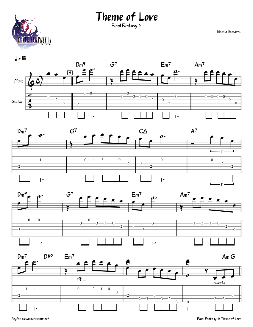 Theme of love – Nobuo Uematsu - Lead Sheet / Guitar Tabs Sheet
