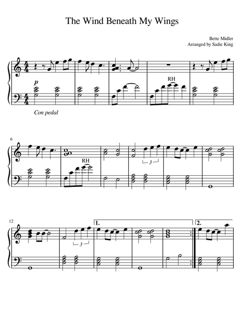 The Wind Beneath My Wings – Bette Midler - Easy Piano (C Major)