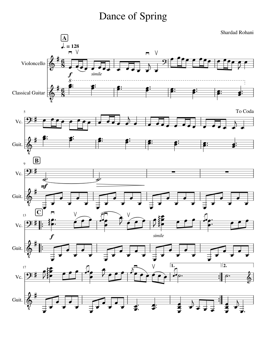 Dance of Spring - Shardad Rohani (arr. for cello and guitar) Sheet ...