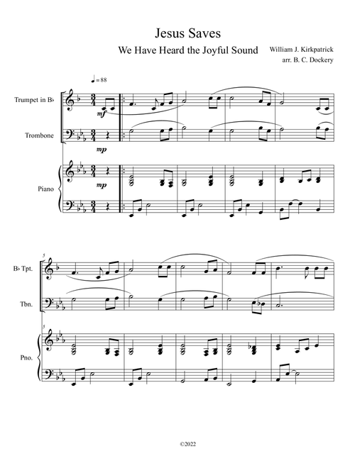 Jesus Saves (We Have Heard the Joyful Sound) Trumpet and Trombone Duet with Piano (Arr. B. C. Dockery) - William J Kirkpatrick (Instrumental Duet and Piano)