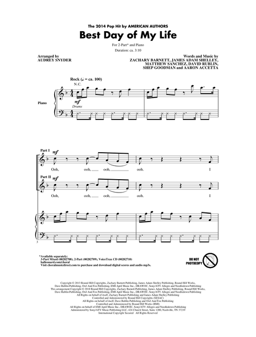 Best Day Of My Life (arr. Audrey Snyder) - American Authors (Choral, 2-Part)
