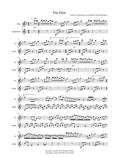 Fur Elise for Flute and Euphonium Duet (Arr. David Burndrett) - Ludwig Van Beethoven (Instrumental Duet)