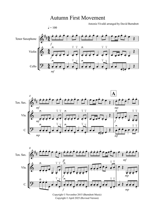 Autumn "Four Seasons" for Tenor Saxophone, Violin and Cello Trio (Arr. David Burndrett) - Antonio Vivaldi (Small Ensemble)