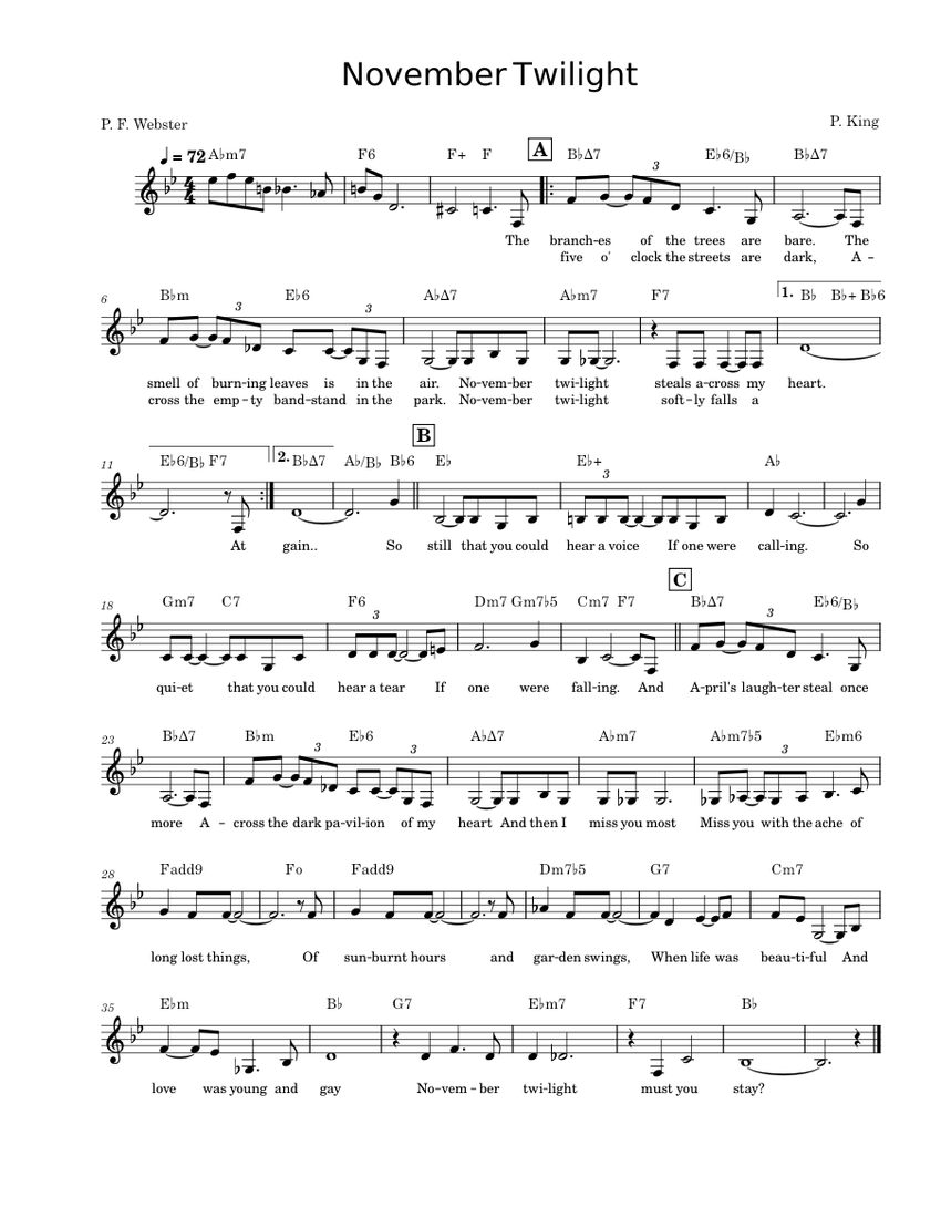 November Twilight Sheet Music with Chords for Piano (Solo