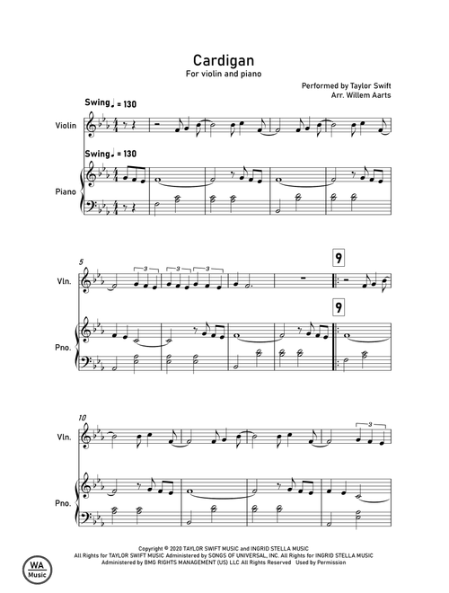 Cardigan (Arr. Willem Aarts) - Taylor Swift (Violin and Piano)