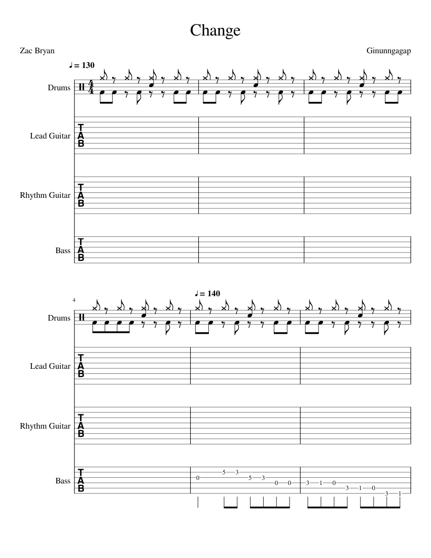 Change Sheet music for Guitar, Bass guitar, Drum group (Mixed Quartet