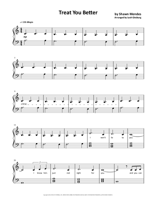 Treat You Better (Arr. Leah Ginzburg) - Shawn Mendes (Piano-Vocal-Guitar (Piano Accompaniment))