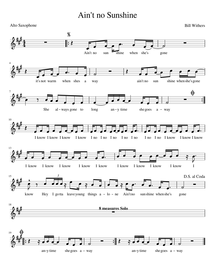 Ain't no Sunshine - Alto Saxophone Sheet music for Piano ...