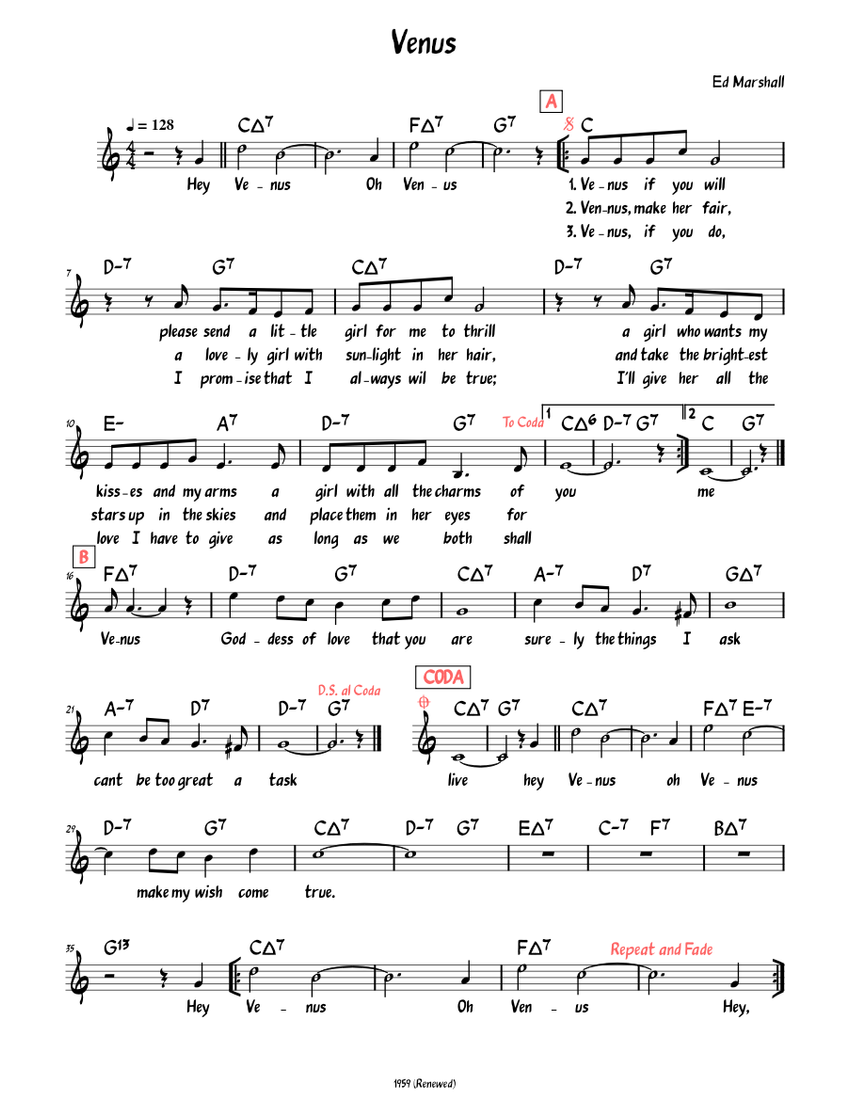 Venus (Lead Sheet with lyrics ) piano tutorial