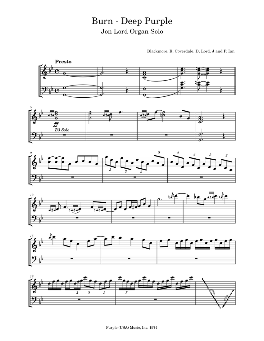 Burn Deep Purple Sheet music for Piano (Solo)