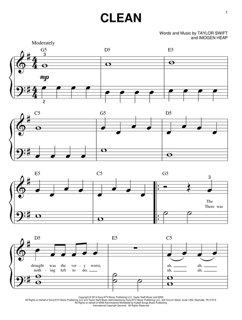 Clean - Taylor Swift (Big Note Piano)