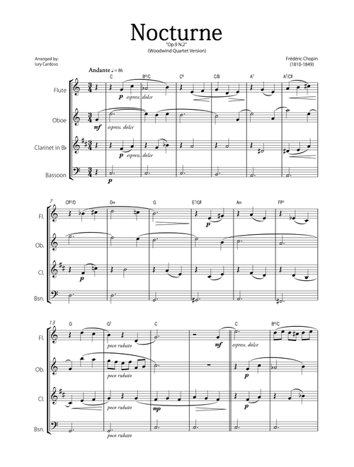 "Nocturne" (Chopin) - Beautiful EASY version for WOODWIND QUARTET. (Arr. Iury Cardoso) - Frédéric Chopin (Woodwind Ensemble)