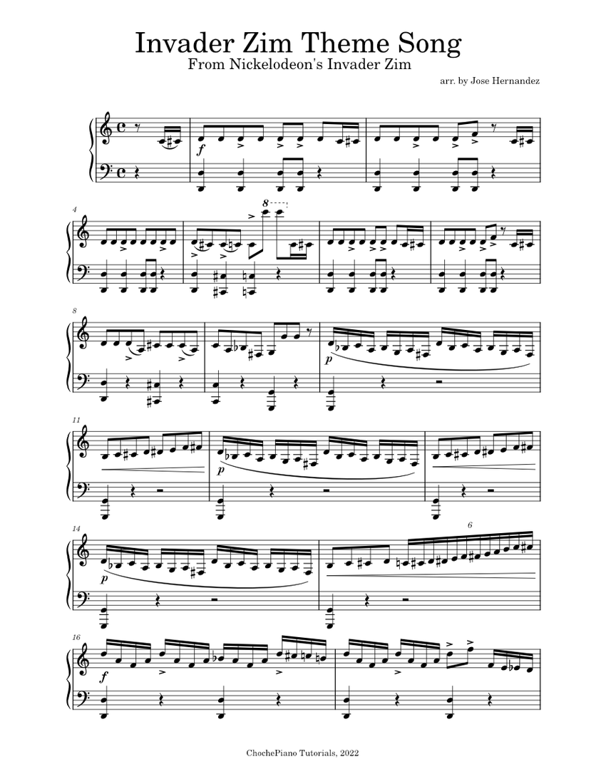 Invader Zim Main Theme – Nickelodeon Sheet Music for Piano (Solo) easy ...