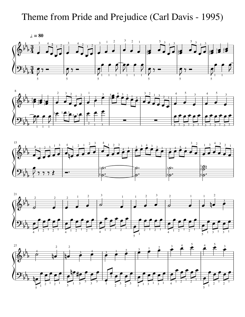 Qué Caprichoso carpintero Pride and Prejudice Theme Song - 1995 (Carl Davis) Sheet music for Piano  (Solo) | Musescore.com