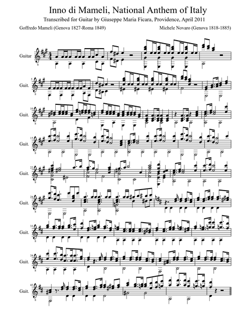 Inno di Mameli trascrizione per chitarra di Giuseppe Maria Ficara