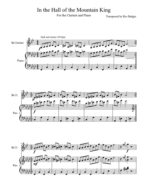 In the Hall of the Mountain King for the Clarinet and Piano