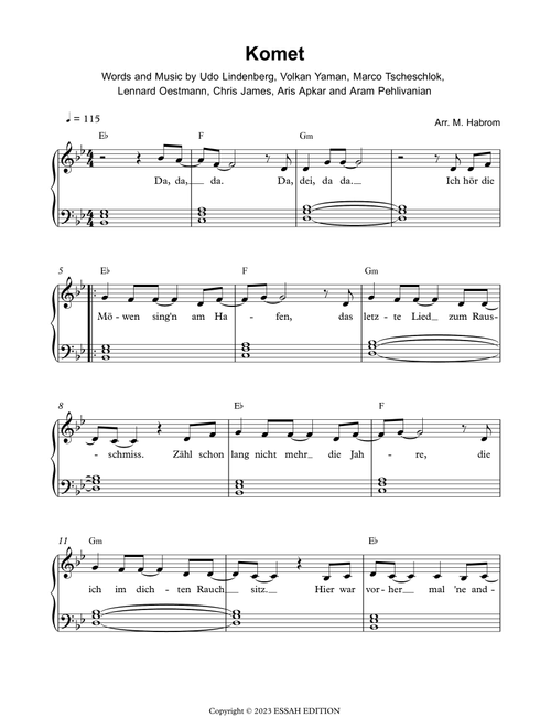 Komet (Arr. Michael Habrom) - Udo Lindenberg X Apache 207 (Easy Piano)