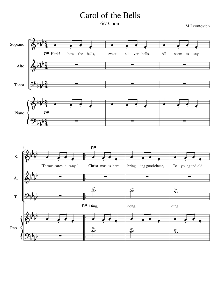 Carol of the Bells Sheet Music for Piano, Soprano, Alto, Tenor & more ...